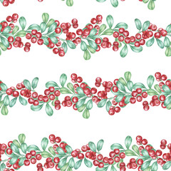 Depicting vibrant red cranberries and green leaves in rows, this watercolor seamless pattern is perfect for packaging, textiles, and seasonal product designs like stationery and gift wrap