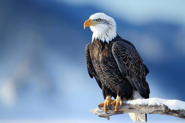 Obraz premium Majestic Bald Eagle Perched on Snowy Branch Against Clear Blue Sky