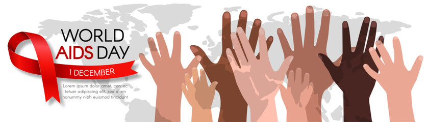 World AIDS Day. Long horizontal banner with a red ribbon, space for text, and diverse people`s hands. Vector flat illustration.