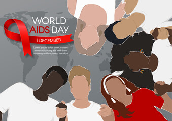 World AIDS Day. Horizontal banner with red ribbon, space for text and diverse people. Vector flat illustration.