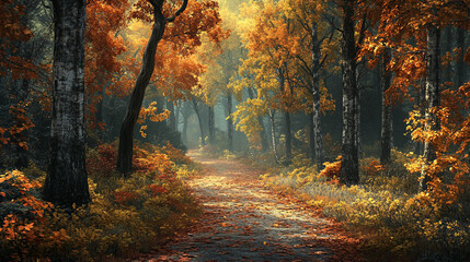 Obraz premium Vibrant Autumn Trail Through Dense Woods with Sunlit Leaves in Rich Fall Hues Captured in High-Quality Photorealistic Style 
