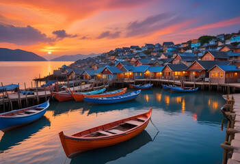 Fototapeta premium Scenic view of small fishing boats docked in a calm harbor at sunset, with glowing lights from a coastal village. 