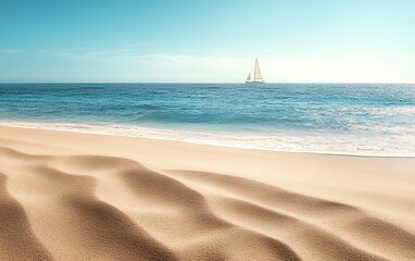 A sailboat glides across the horizon, a tiny speck against the vast blue ocean. The white sand beach stretches out, inviting you to relax and soak in the sun.