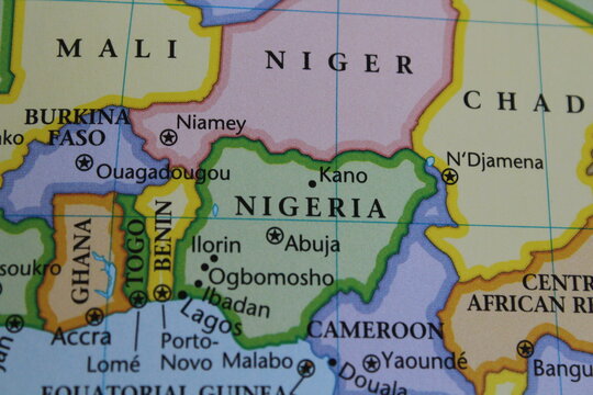 close up of the country of Nigeria viewed on a wold map as a travel concept. Nigeria on a map
