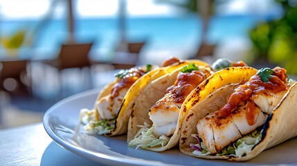 Three fish tacos on a white plate with sauce and cilantro.
