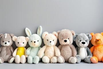 A row of stuffed animals, including teddy bears and rabbits, generative ai image