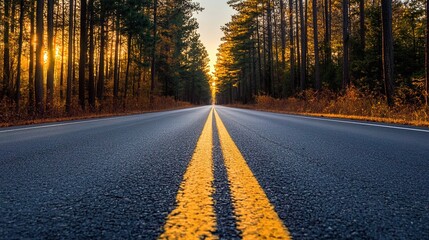 Obraz premiumA straight road leading into the distance, with yellow lines in the center of the asphalt surface