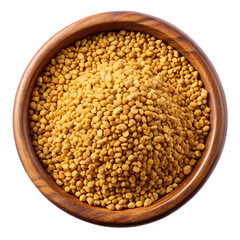 Wooden bowl filled with natural fenugreek seeds, golden bee pollen, health supplement, natural wellness product