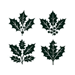 A set of Christmas Holly decorations with a green leaf silhouette vector art illustration isolated on a white background