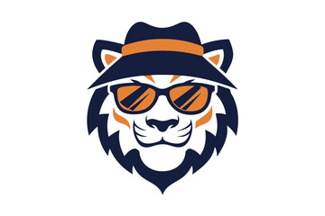 A Tiger head logo with hat and sunglass silhouette, simple vector outline, on a white background vector art illustration