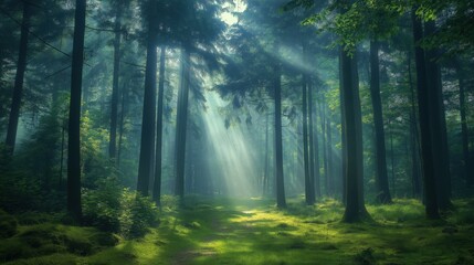 Fototapeta premium A serene forest scene with sunlight streaming through tall trees, casting rays of light on the lush green moss and foliage below.