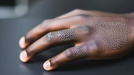 Close up of a black hand displaying symptoms of monkeypox disease and skin lesions