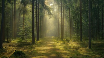 Obraz premium A serene forest scene with sunlight streaming through tall trees, casting rays of light on the lush green moss and foliage below.