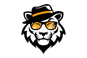 A Tiger head logo with hat and sunglass silhouette, simple vector outline, on a white background vector art illustration