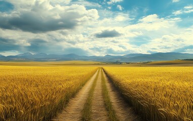 A dirt road cuts through a field of golden wheat under a bright blue sky with fluffy white clouds.
