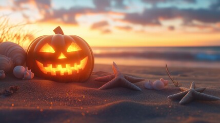 A glowing jack-o'-lantern sits on a sandy beach at sunset, surrounded by seashells and starfish, blending Halloween with seaside elements.