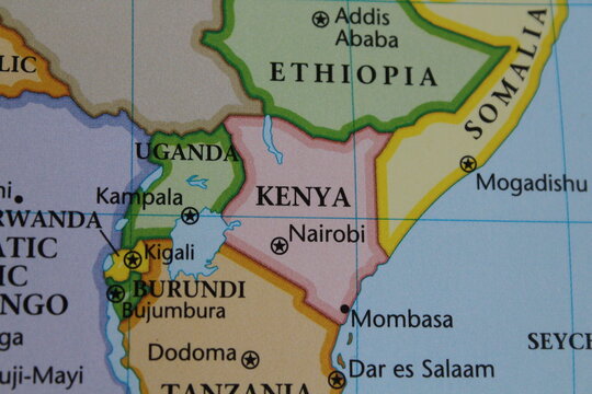 close up of the country of Kenya viewed on a wold map as a travel concept. Kenya on a map
