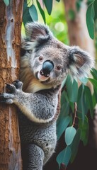 Obraz premium Close-Up of a Koala Clinging to a Eucalyptus Tree with Lush Green Leaves in the Background