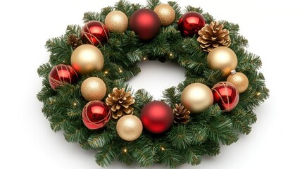 Festive Christmas wreath adorned with red and gold ornaments, perfect for holiday decorations and seasonal greetings against a white background