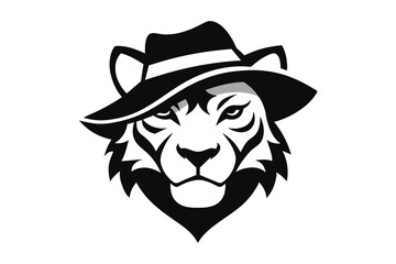  A Tiger head logo with hat silhouette, simple vector outline, on a white background  vector art illustration