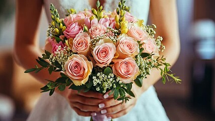 A bride lovingly cradles a stunning bouquet filled with pink roses and greenery as she prepares for her wedding day in a cozy indoor space.