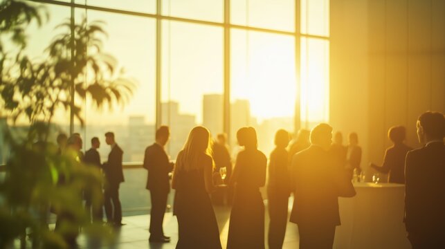 Professionals networking at a business event in a modern venue, backlit by the golden glow of a sunset through large windows.