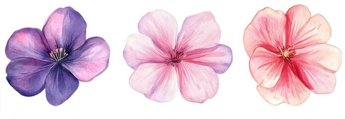 set of three watercolor flower illustrations, in pink and purple tones