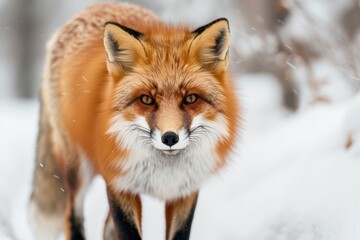 Obraz premium Intense Red Fox with Piercing Eyes in Snow-Covered Forest - Wildlife Photography