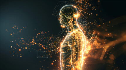 A transparent human figure with vibrant lines of energy flowing through the body, symbolizing vitamins enhancing the internal processes. The background is dark and minimal
