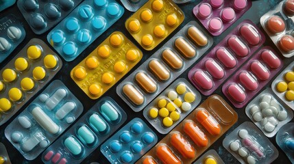 A variety of colorful pills and capsules in blister packs.