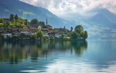 Fototapeta premium A quaint village nestled on the shores of a serene lake, framed by majestic mountains and a sky adorned with fluffy clouds.