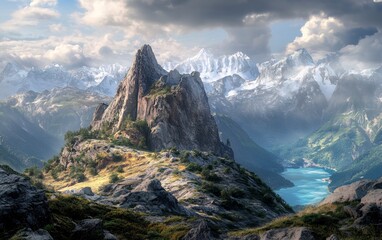 A breathtaking view of a mountain range with a stunning lake in the valley below. The rugged peaks are covered in snow and clouds, creating a dramatic and inspiring landscape.