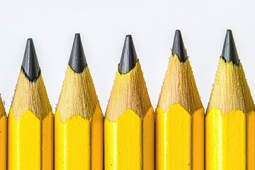 Examined arrangement of various worn yellow pencils with damaged tips, emphasizing a single remarkably sharpened pencil in their midst