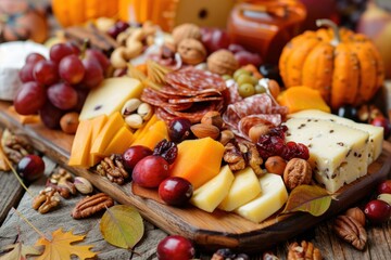Thanksgiving Charcuterie Board with Cheeses, Fruits, Nuts, and Fall-Themed Items on Rustic Wood