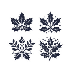 Fototapeta premium A set of Christmas Holly decorations with a green leaf silhouette vector art illustration isolated on a white background