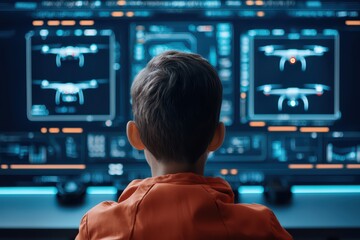 Child observing drone controls on a high-tech monitor in a futuristic environment.