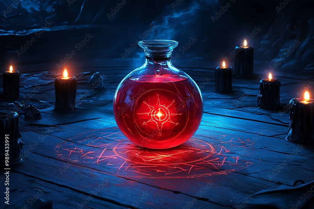 Poster a mysterious red potion glowing in the dark, surrounded by black candles and magical symbols carved 