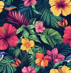 vibrant and colorful tropical floral pattern with various hibiscus flowers