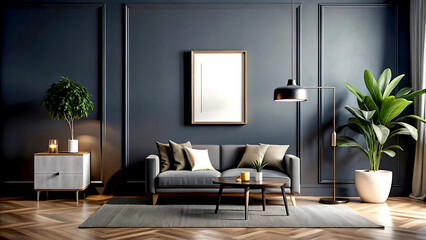 Home interior, dark room with minimal furniture, empty wall mockup, 3d render, white Mock up frame