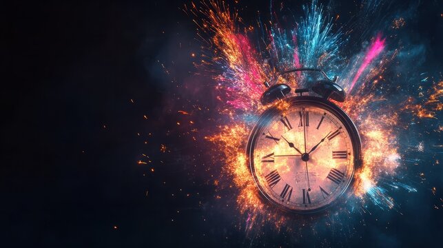 Clock exploding with colored fireworks on black background. New year midnight celebration. Abstract concept of the passage of time with copy space.
