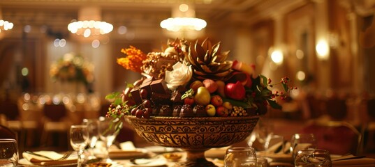 Luxurious Hotel Ballroom Banquet with Elegant Cornucopia Centerpiece of Gourmet Desserts and Chocolates
