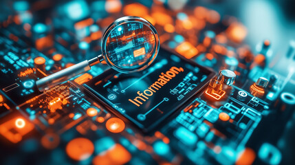 A magnifying glass over a tablet displaying "Information," surrounded by data retrieval icons.