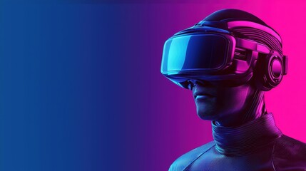 Futuristic figure wearing virtual reality headset against a vibrant gradient background.