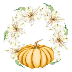 Wreath of White flowers and orange pumpkin. Watercolor frame of lily and pumpkin. Autumn illustration for invitations and cards for harvest festival or thanksgiving. Fall botanical clip art