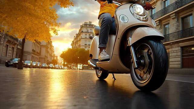 As the sun sets, a rider glides through the picturesque streets of Paris, enjoying the vibrant scenery and warm evening atmosphere.
