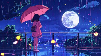 The lofi girl is walking peaceful, rain city night, umbrella distant windows streets. bright moon sky. Chill hip-hop beats play, 2D anime-style cute Lofi relaxing vibes hip-hop music looping animation