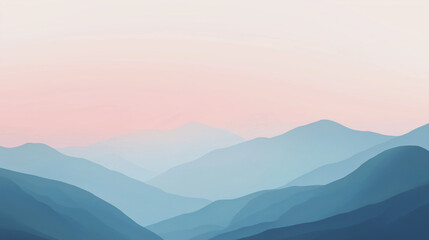 Dreamy pastel-colored mountain background at sunrise, featuring soft layers of blue and pink hues, perfect for creating a peaceful and serene backdrop.