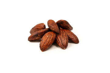 A group of caramelized almonds isolated on a white background.