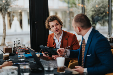 Two men in a business meeting, discussing work at a modern cafe. They appear to be engaged in a serious conversation.