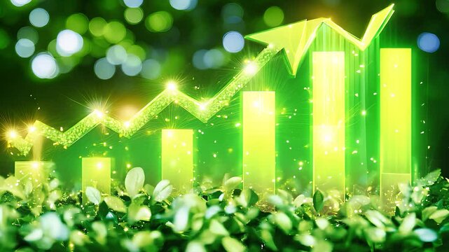 Green business growth, sustainable progress, eco-friendly success, rising financial graph, environmental impact, profit increase